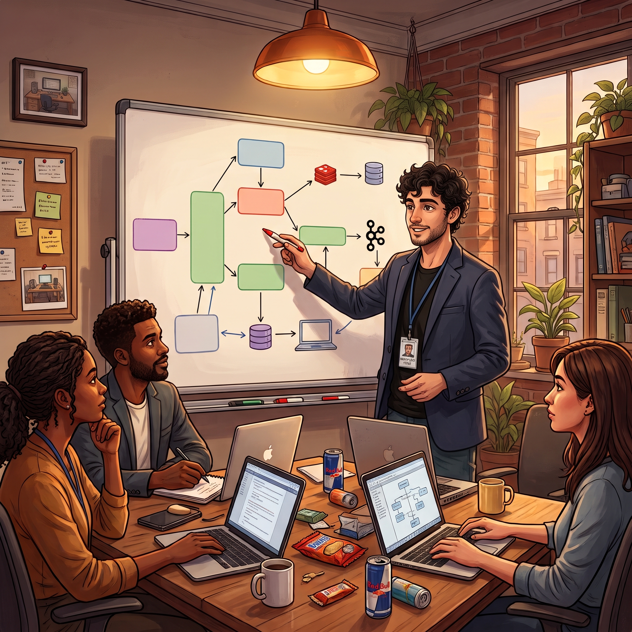 Jean, deux ans plus tard, devant un tableau blanc couvert de schémas d'architecture, expliquant le système à trois collègues
